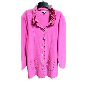 Venario Womens Pink Ruffle Neck Button Wool Jacket Size Large